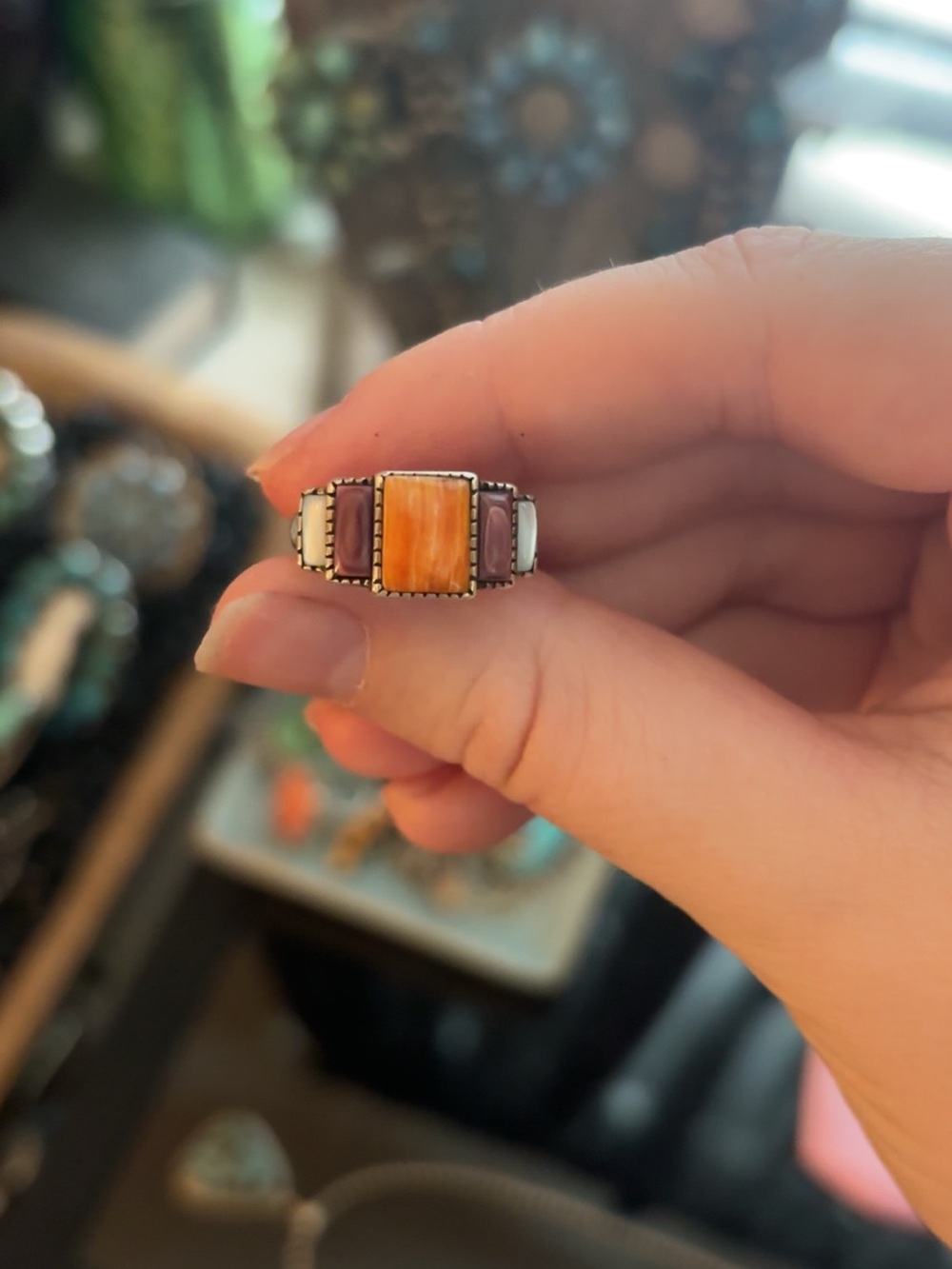 Native made orange spiny purple spiny MOP ring (vintage)